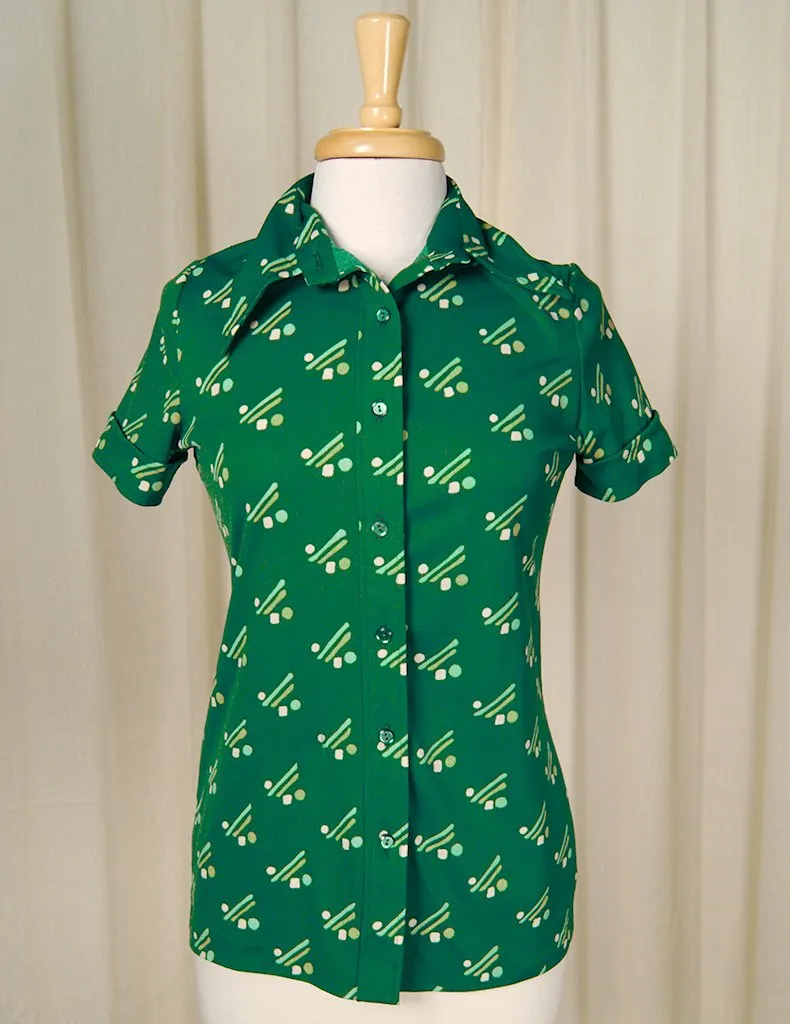 1960s Green Lines & Dots Blouse