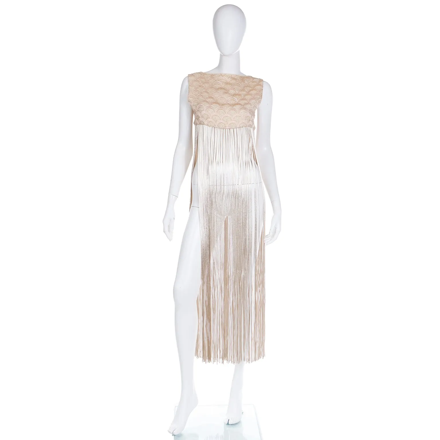 1970s Silky Soft Gold Long Vest With Fringe & Fish Scale Embroidery