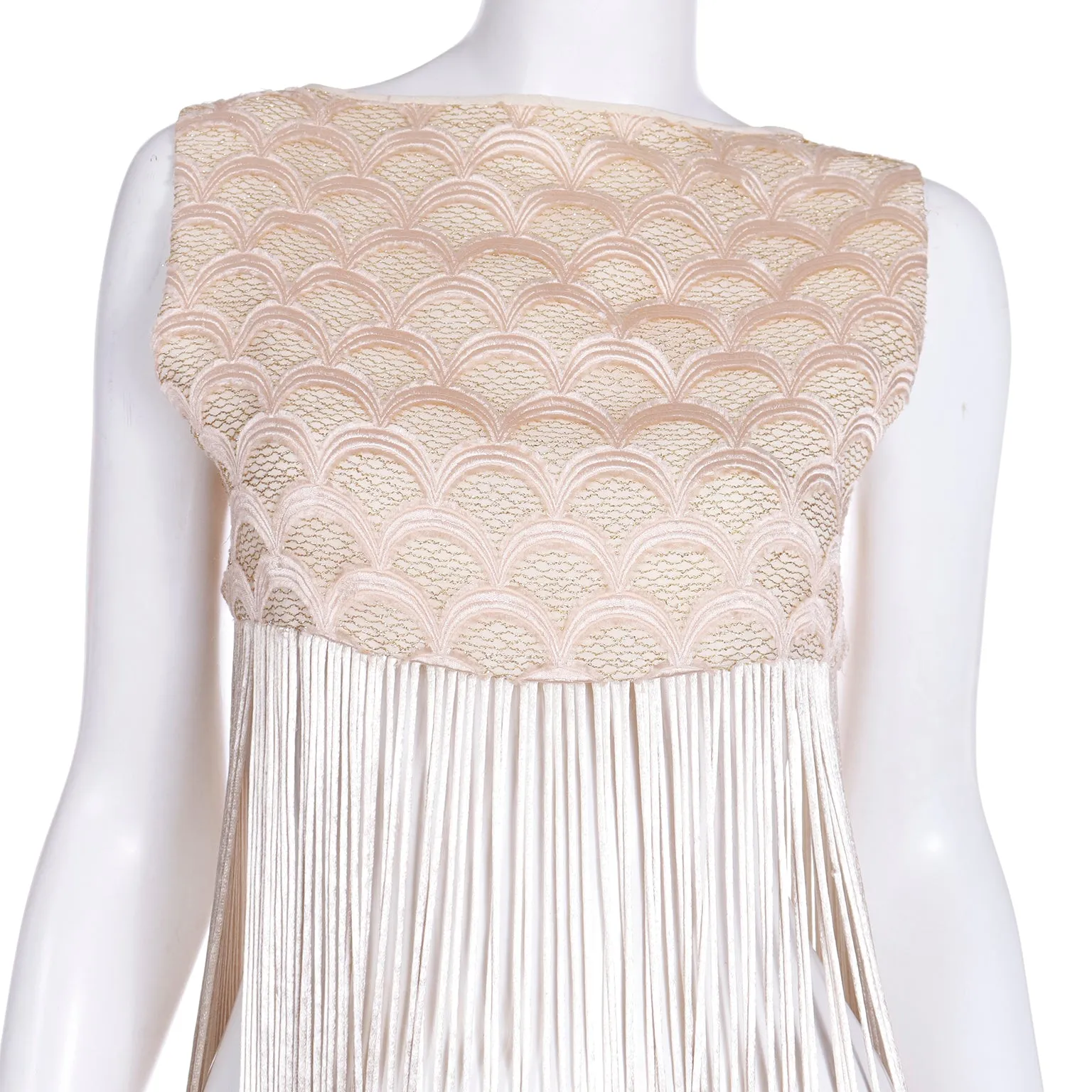 1970s Silky Soft Gold Long Vest With Fringe & Fish Scale Embroidery