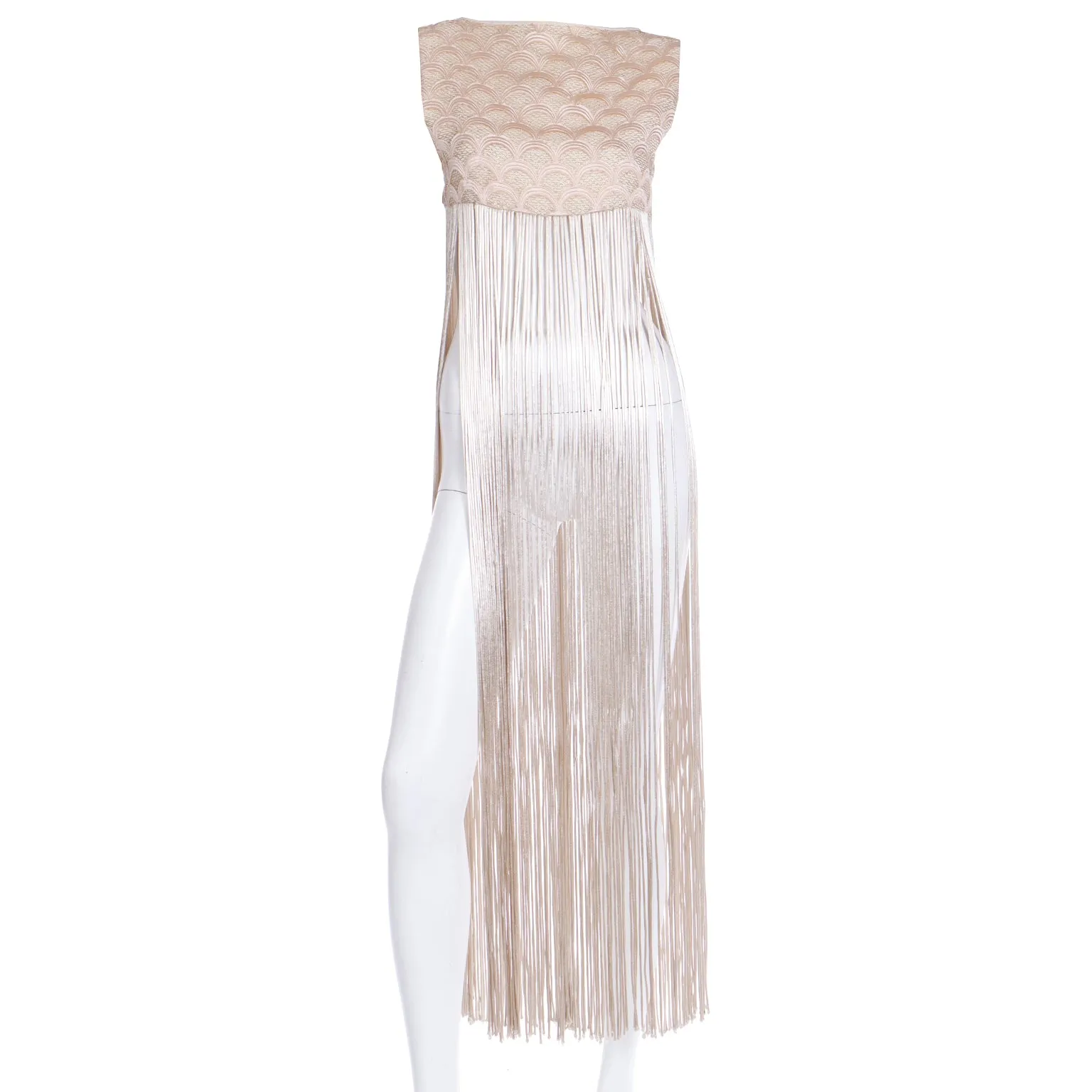 1970s Silky Soft Gold Long Vest With Fringe & Fish Scale Embroidery