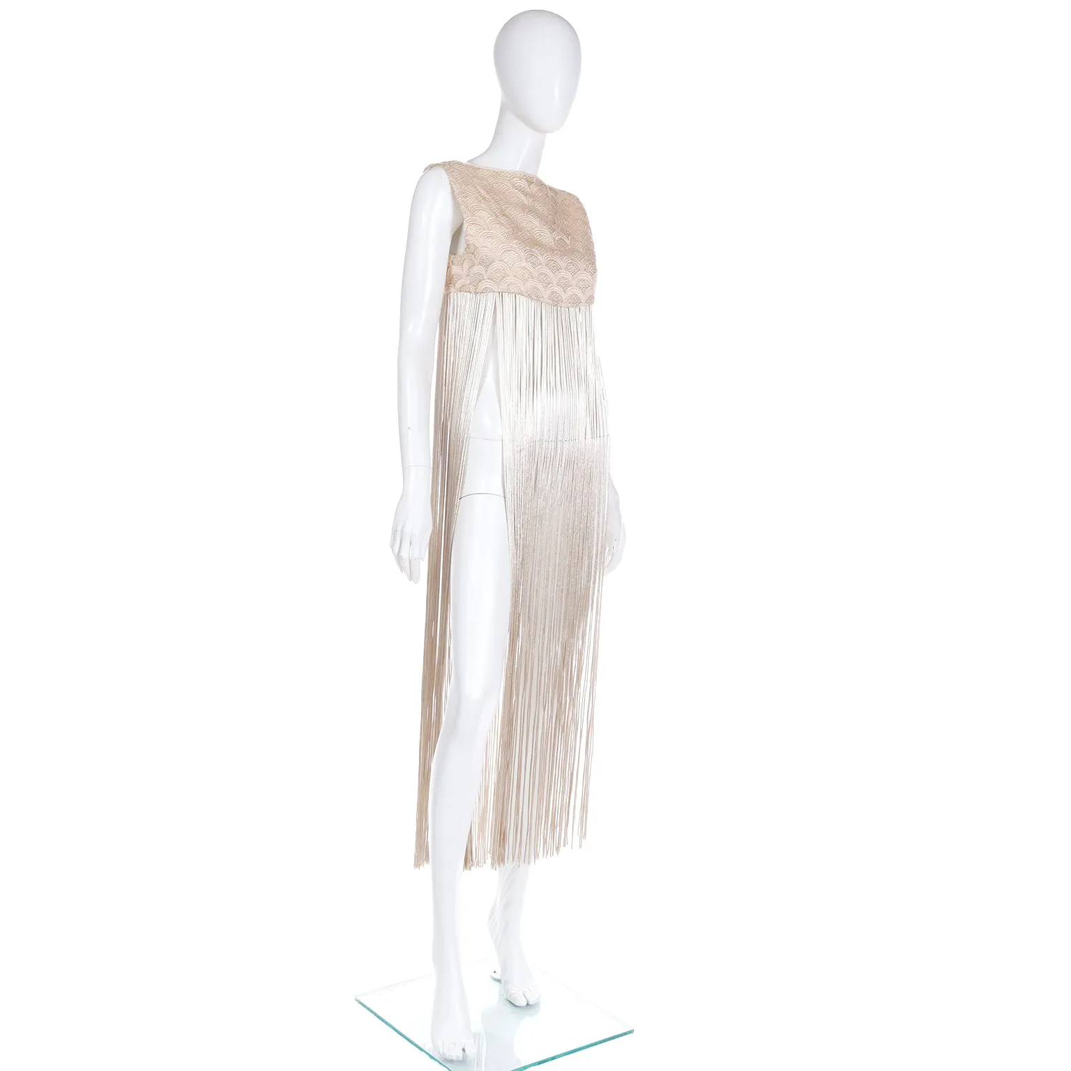 1970s Silky Soft Gold Long Vest With Fringe & Fish Scale Embroidery