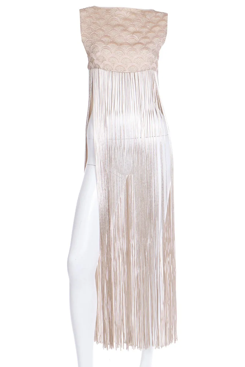 1970s Silky Soft Gold Long Vest With Fringe & Fish Scale Embroidery