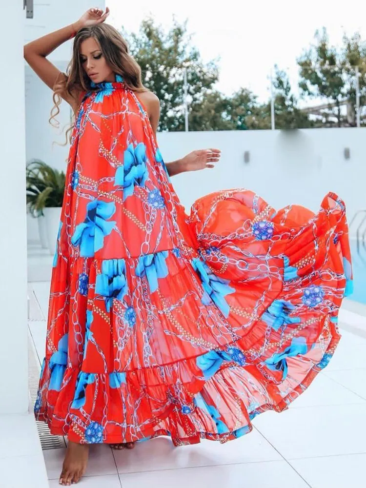 2023 Summer Sundresses Halter Sleeveless Print Maxi Dress