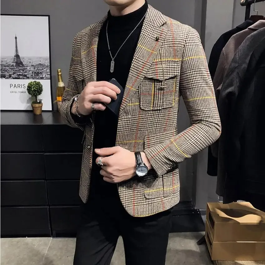 Aidase Spring Men Plaid Blazers British Printed Wedding Business Casual Blazer Suit Jacket Male Formal Blazers Plus Size S-3XL