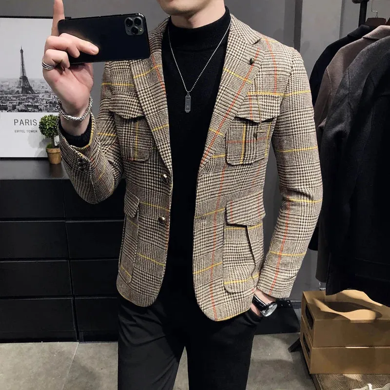 Aidase Spring Men Plaid Blazers British Printed Wedding Business Casual Blazer Suit Jacket Male Formal Blazers Plus Size S-3XL