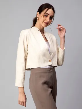 Beige Cotton Cambric Crop Blazer: Casual Elegance with Mandarin Collar and Tailored Fit