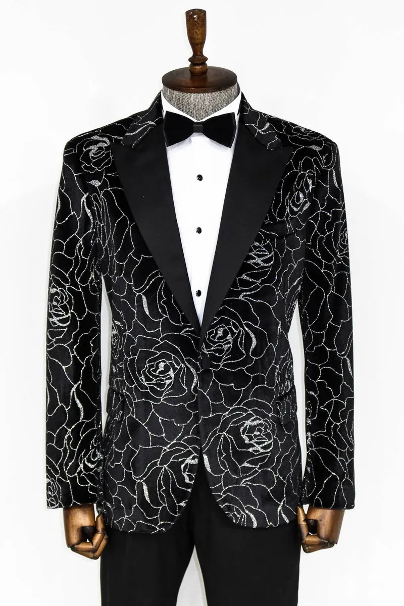 Black Velvet Silver Floral  Prom Blazer