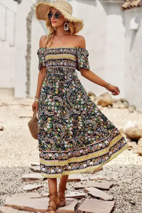 Bohemian Square Neck Short Sleeve Midi Dress