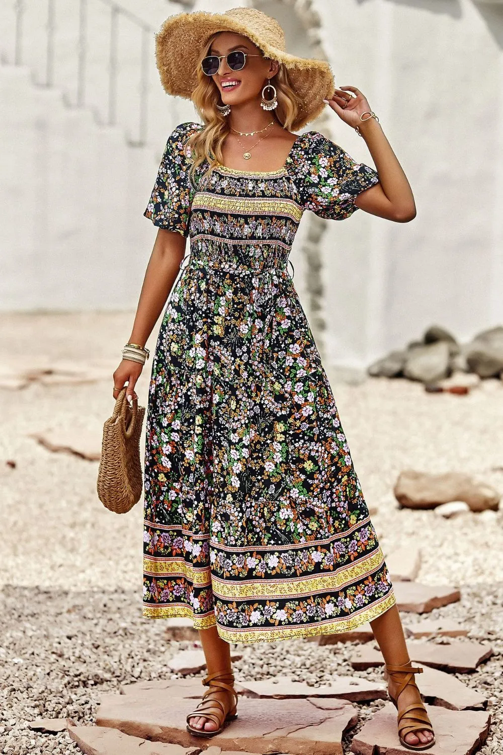 Bohemian Square Neck Short Sleeve Midi Dress