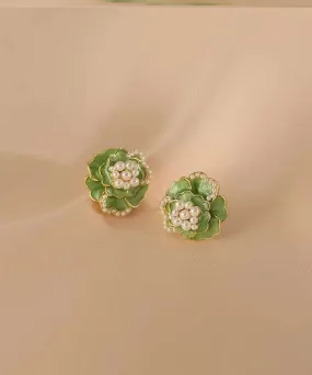 Boho Green Sterling Silver Copper Pearl Floral Stud Earrings LY7830