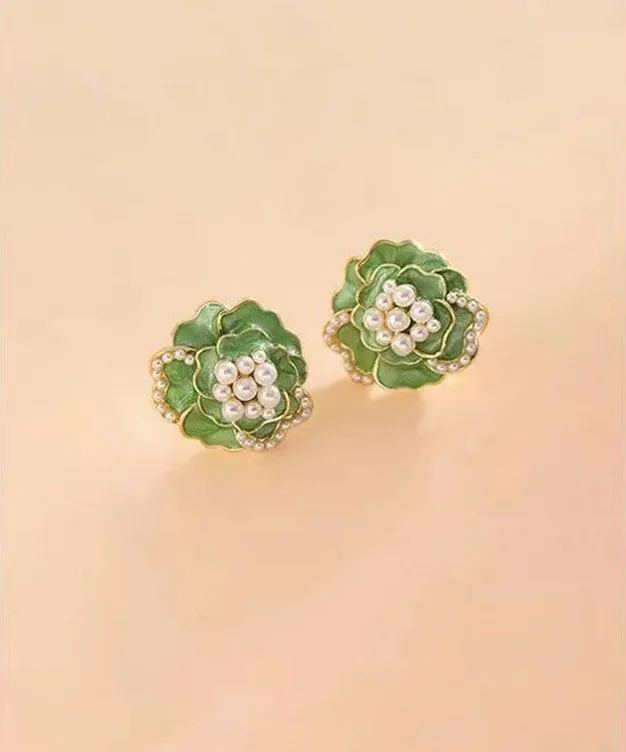 Boho Green Sterling Silver Copper Pearl Floral Stud Earrings LY7830