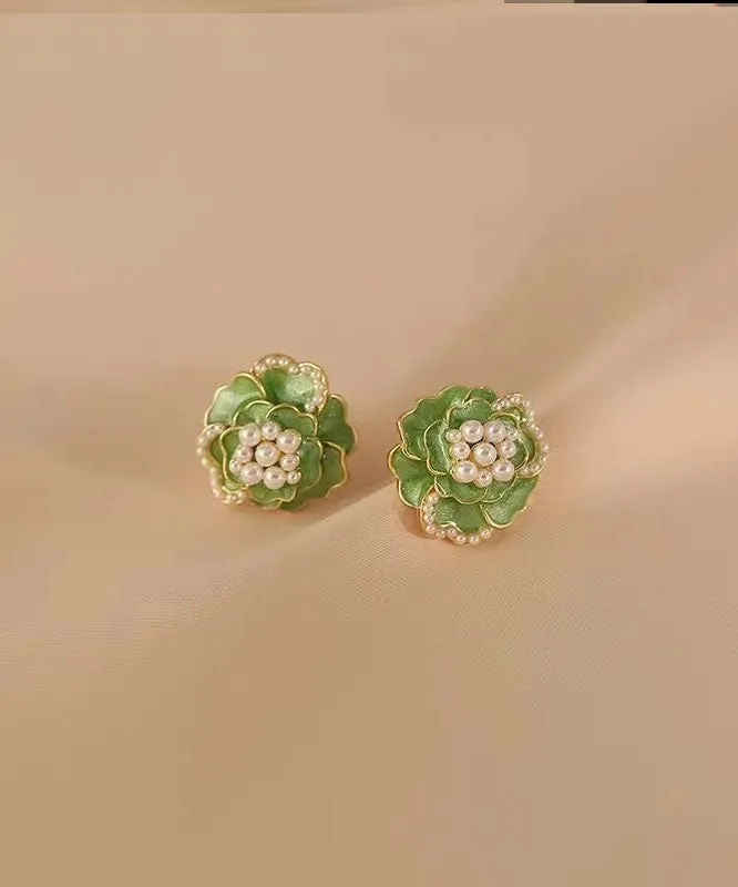 Boho Green Sterling Silver Copper Pearl Floral Stud Earrings LY7830