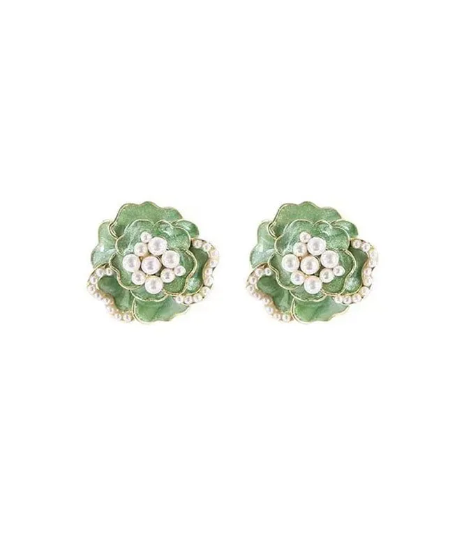 Boho Green Sterling Silver Copper Pearl Floral Stud Earrings LY7830