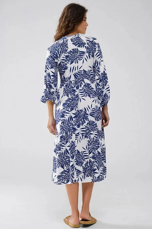 Boho Maxi Dress with Balloon Sleeves and Leaf Print in Navy and White