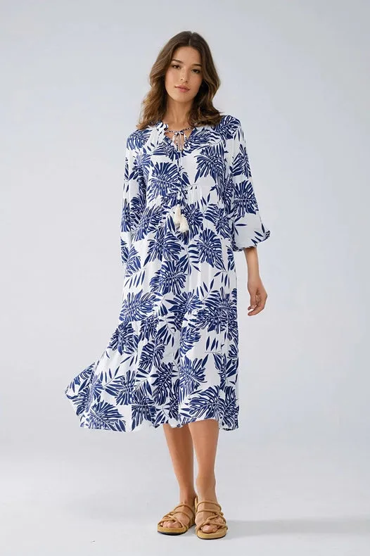 Boho Maxi Dress with Balloon Sleeves and Leaf Print in Navy and White