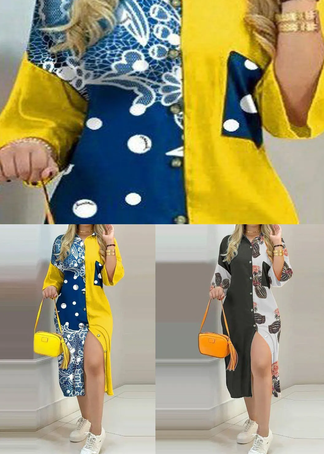 Boho Yellow Print Button Chiffon Shirts Dresses Spring LY1930