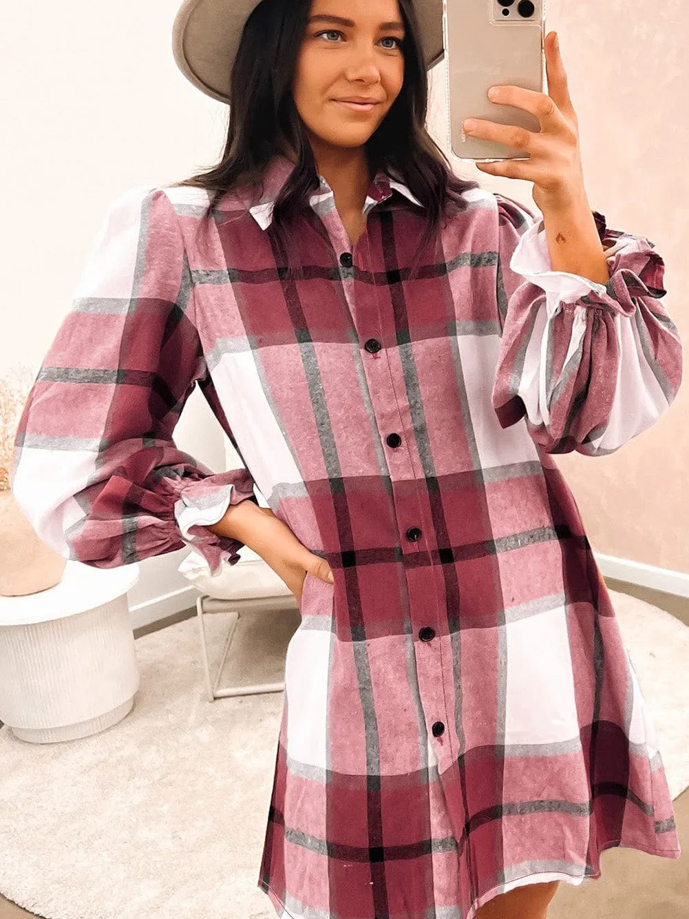 Burgundy and White Plaid Shirt Dress