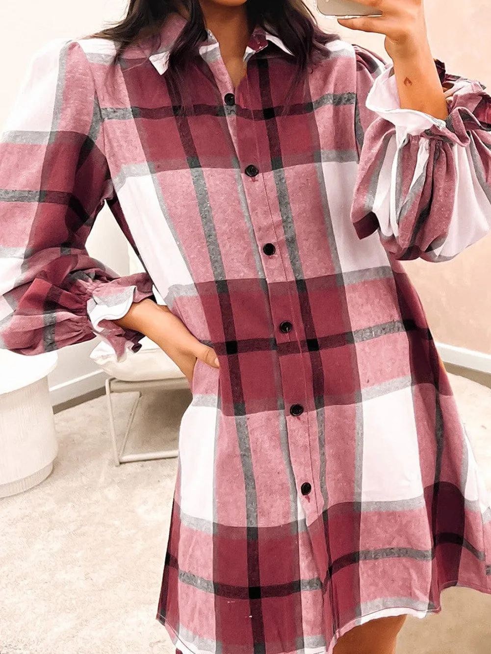 Burgundy and White Plaid Shirt Dress