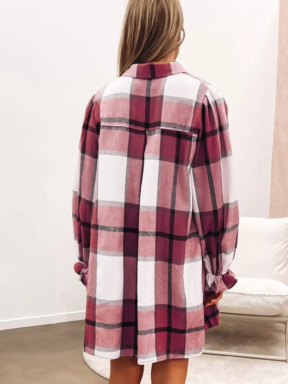 Burgundy and White Plaid Shirt Dress