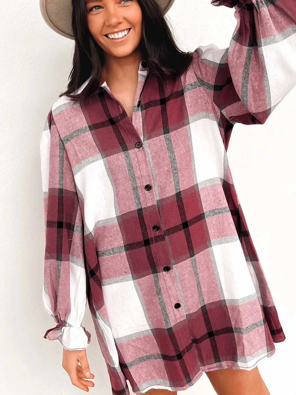 Burgundy and White Plaid Shirt Dress