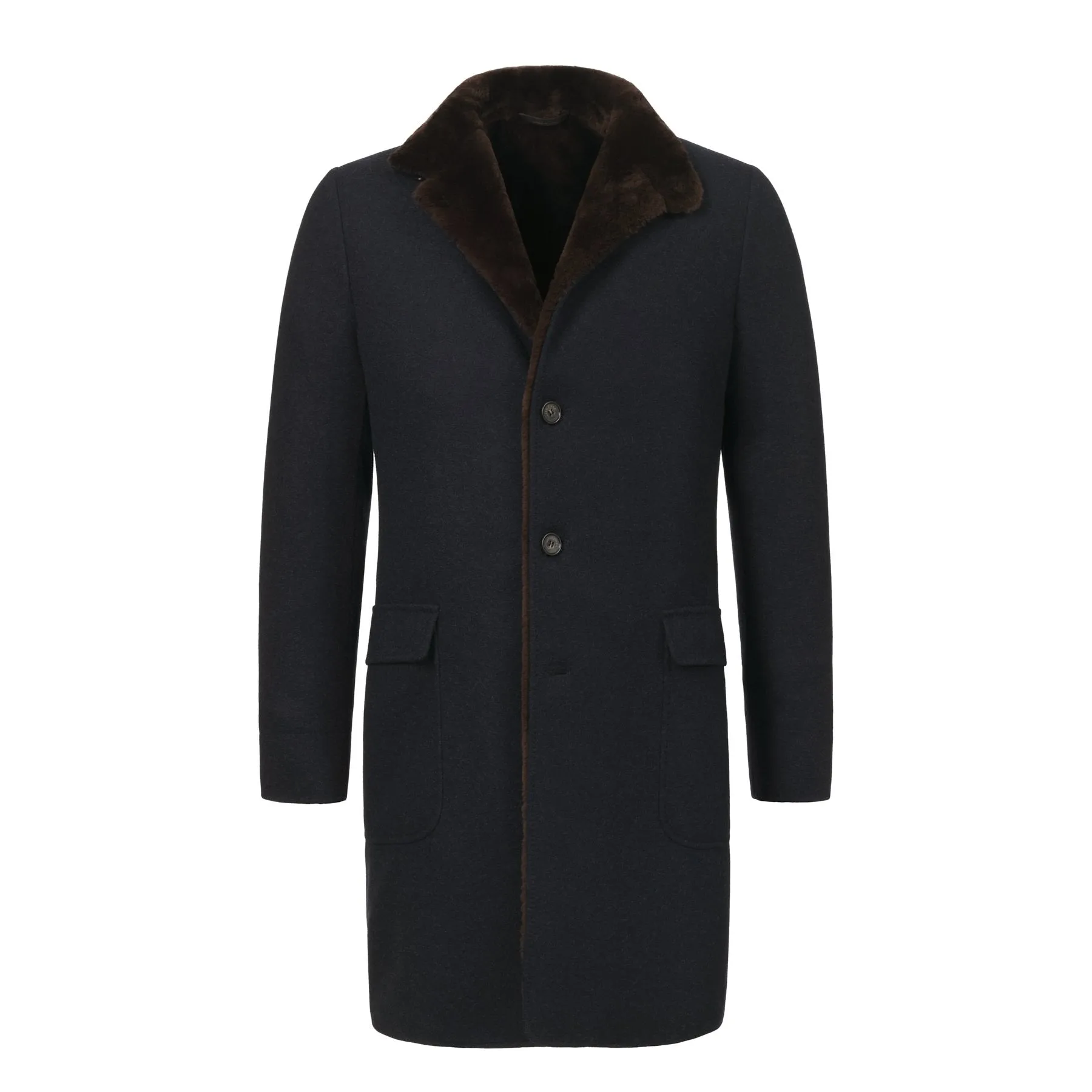 Cashmere-Blend Coat with Nutria Fur Lining in Dark Blue