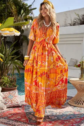 Citrus Ember Tie-Waist Maxi Dress