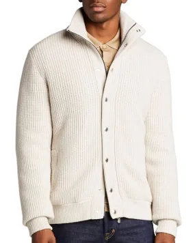 Cream Ribbed Knit Cashmere Bomber Jacket