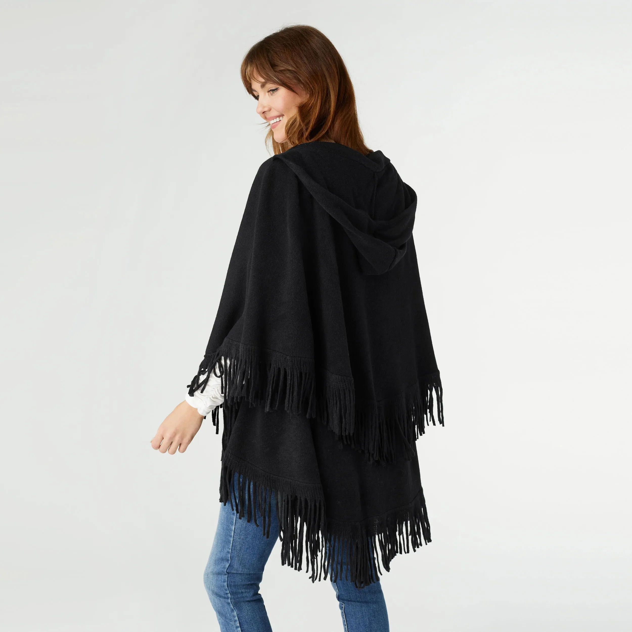 Ezra Fringe Capelet Vest with Hood - Black