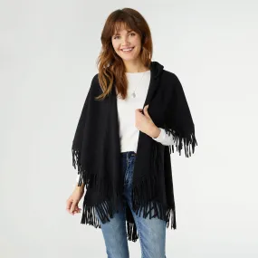 Ezra Fringe Capelet Vest with Hood - Black