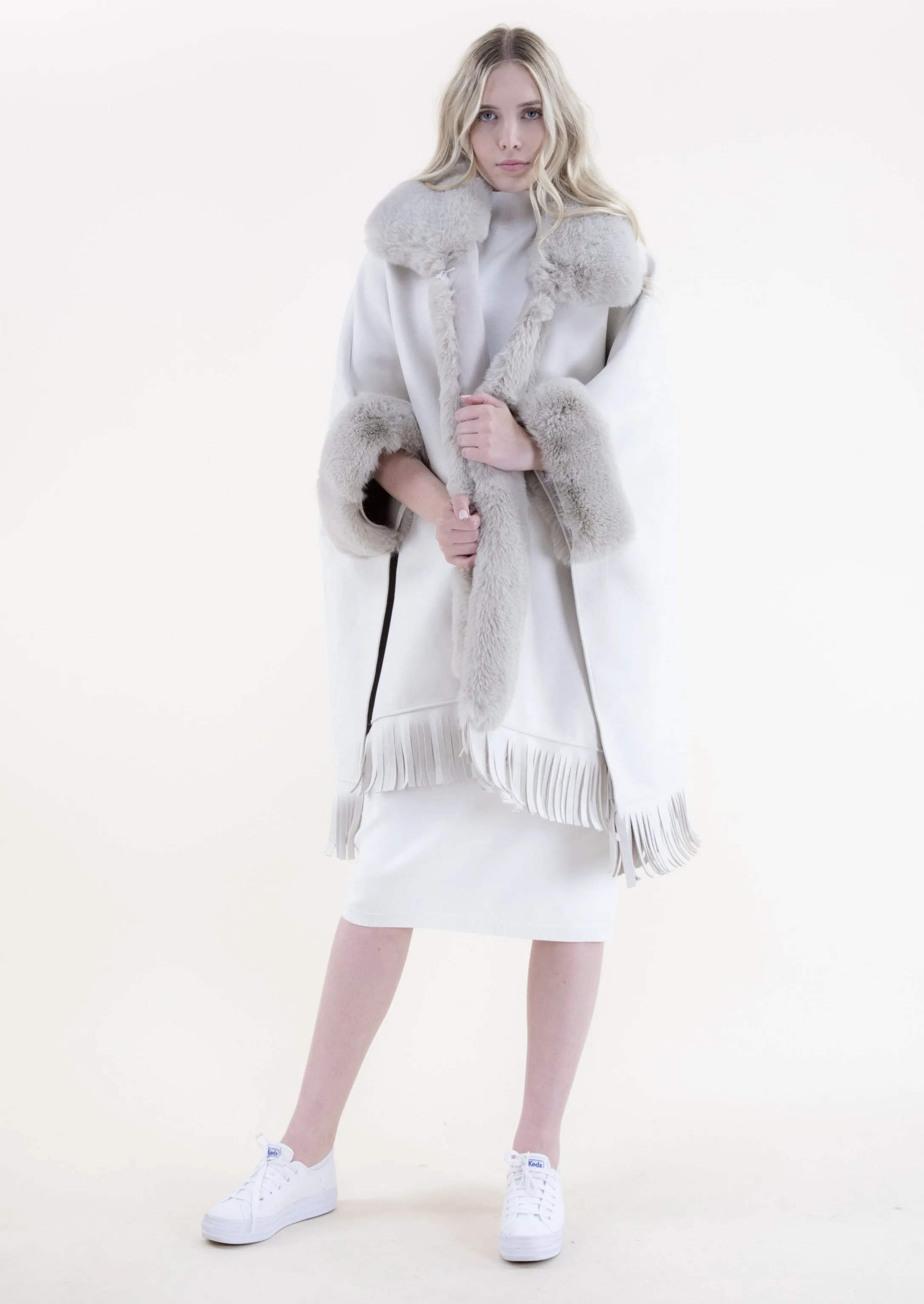 Fringe Suede Cape w/ Vegan Fur