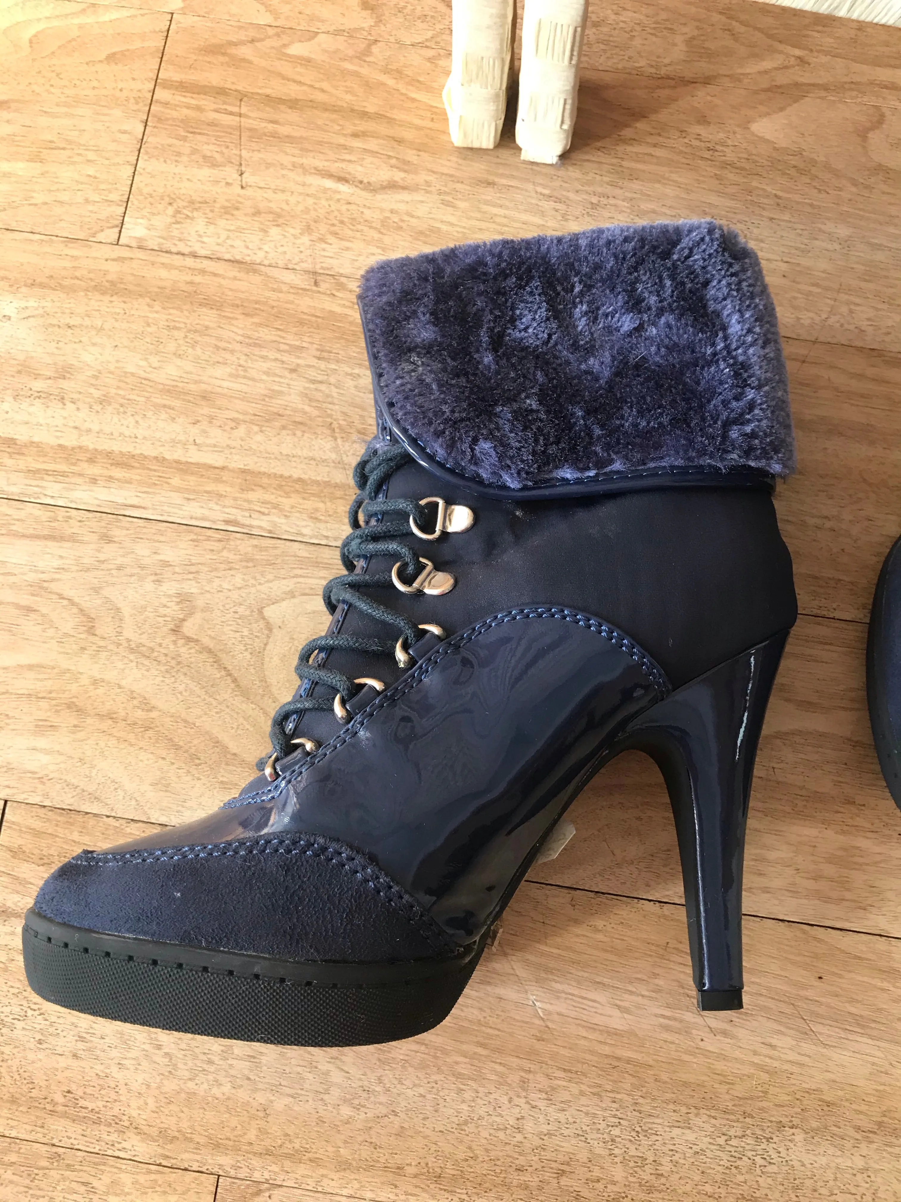 Fur Lined Navy Ankle Boots - REDUCED