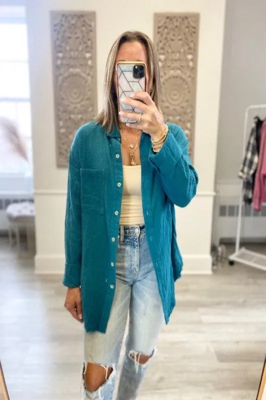 *GAUZE BUTTON DOWN TEAL GREEN