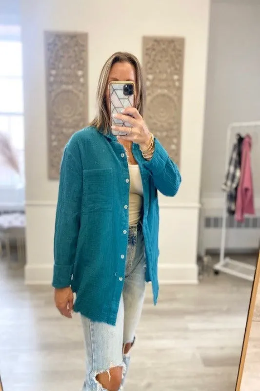 *GAUZE BUTTON DOWN TEAL GREEN