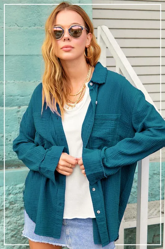 *GAUZE BUTTON DOWN TEAL GREEN