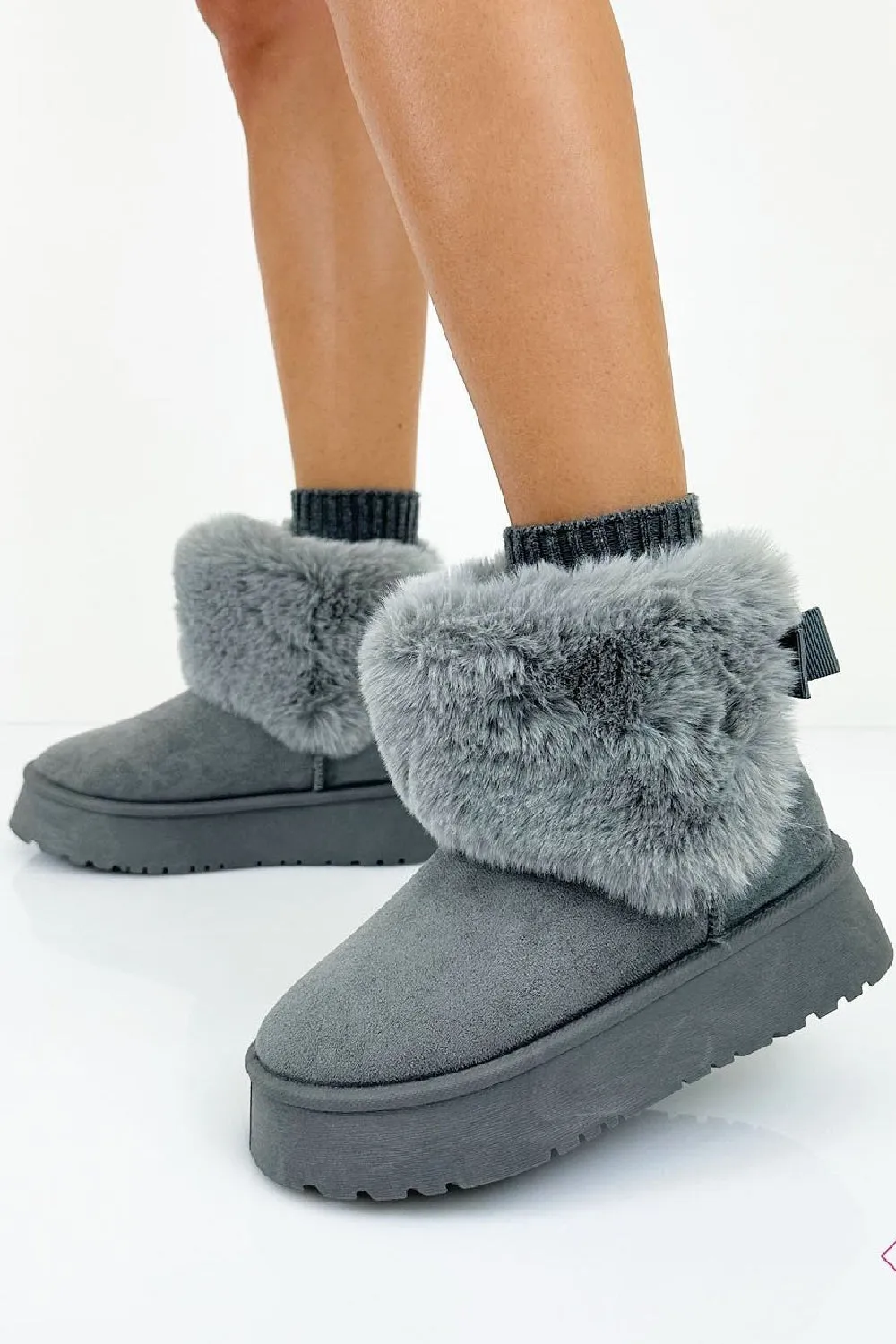 GREY FAUX FUR LINED CHUNKY PLATFORM BOW DETAIL FUR COLLAR ANKLE BOOTS