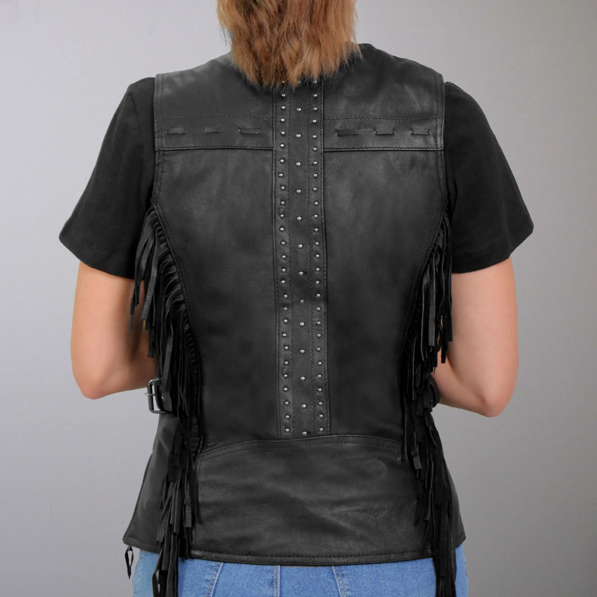 Hot Leathers VSL1014 Ladies Motorcycle style Black Leather Biker Vest with Fringe