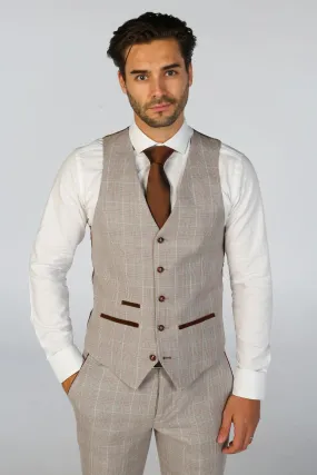 Leo - Men's Beige Checked Tailored Fit Waistcoat