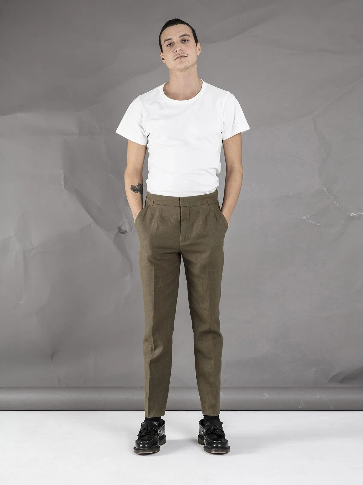 Linen High Waisted Trousers - Green