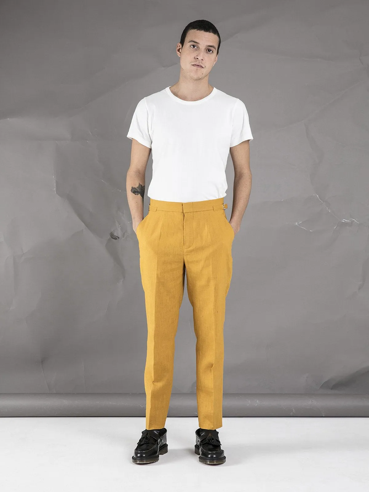 Linen High Waisted Trousers - Mustard