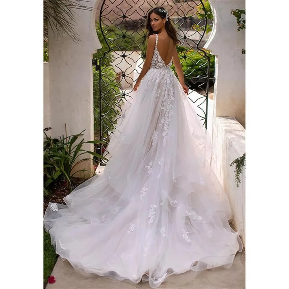 Long Boho A Line Backless Wedding Dress