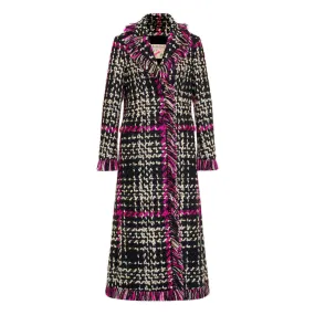 Long Tweed Coat with Fringe - Black   Pink