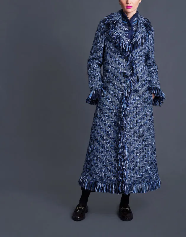 Long Tweed Coat with Fringe - Blue