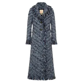 Long Tweed Coat with Fringe - Blue