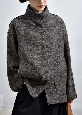 Loose Dark Gray Button Pockets Patchwork Cashmere Coats Fall ML1774