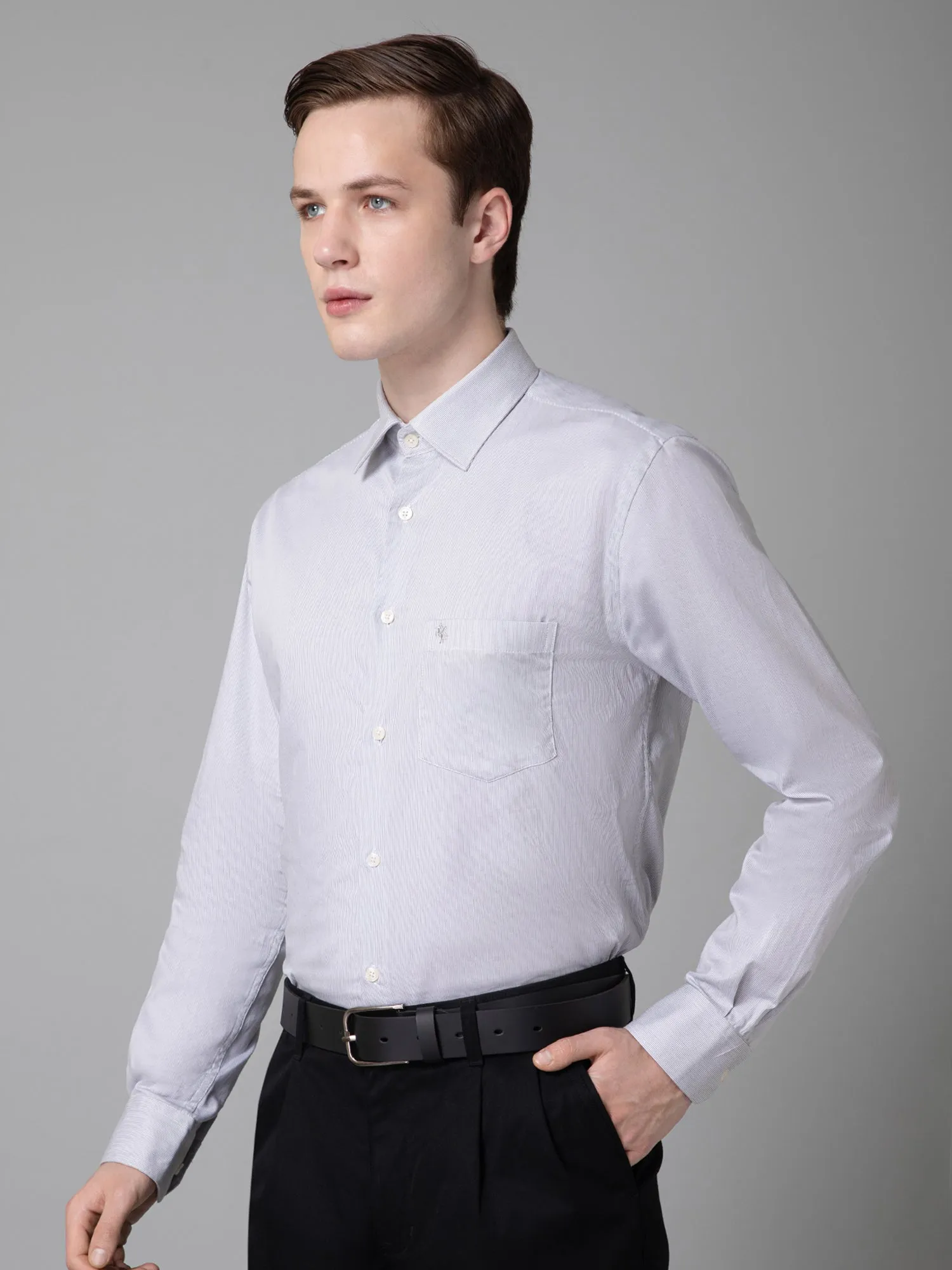 Men's Grey  Formal Pin Stripe Full Sleeve Shirt