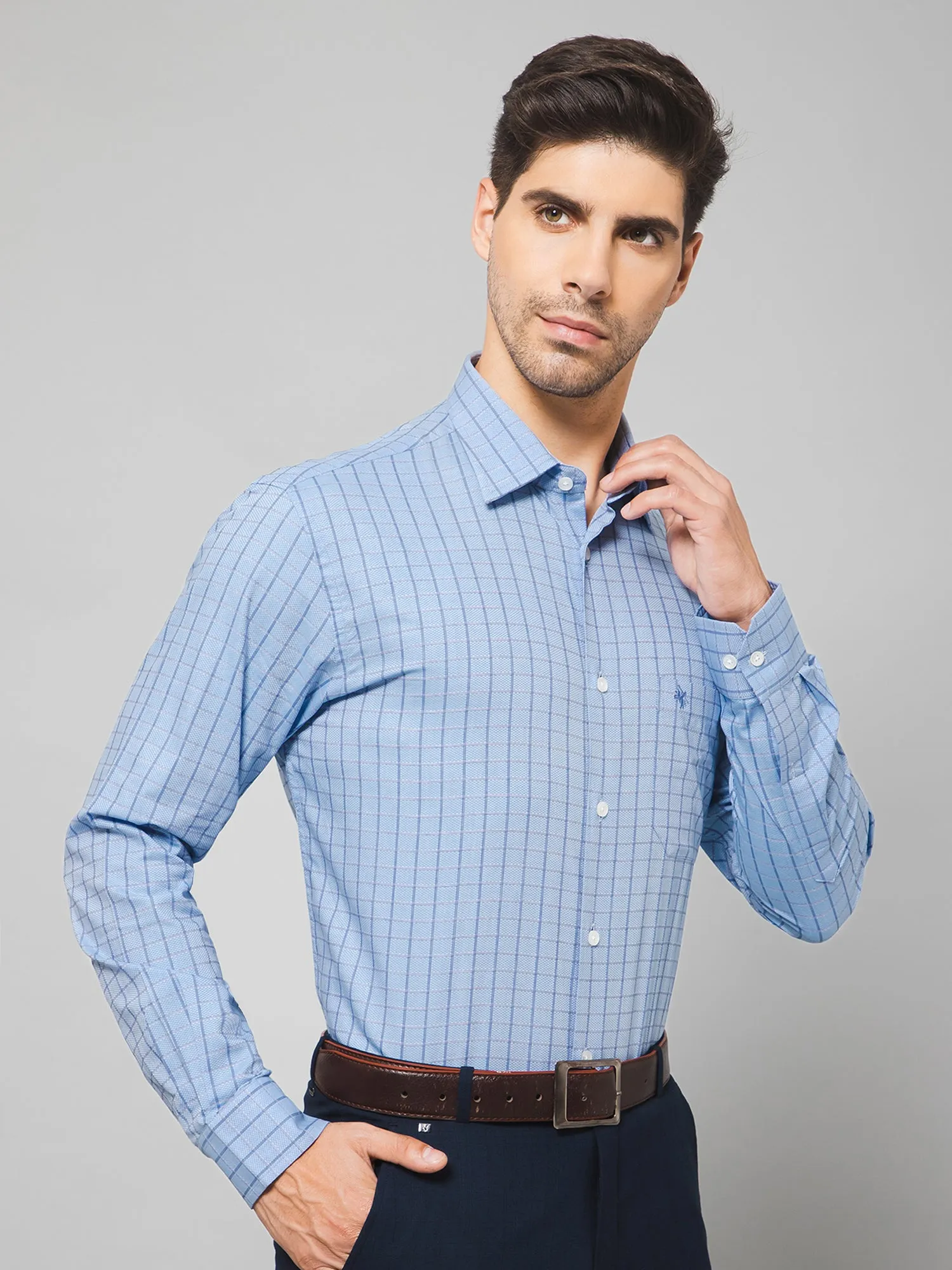 Men's Light Blue Formal Small Checks Textured Full Sleeve Shirt