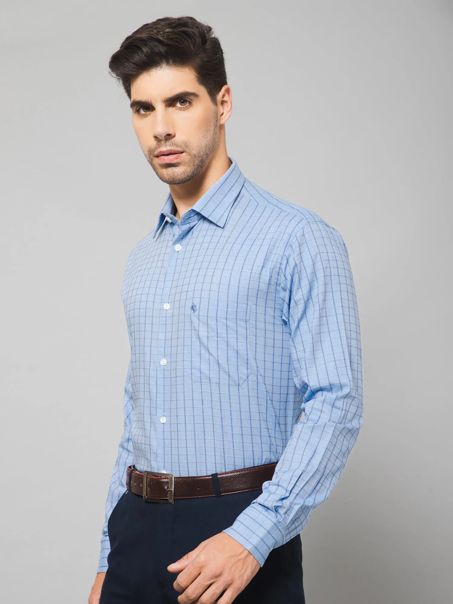 Men's Light Blue Formal Small Checks Textured Full Sleeve Shirt