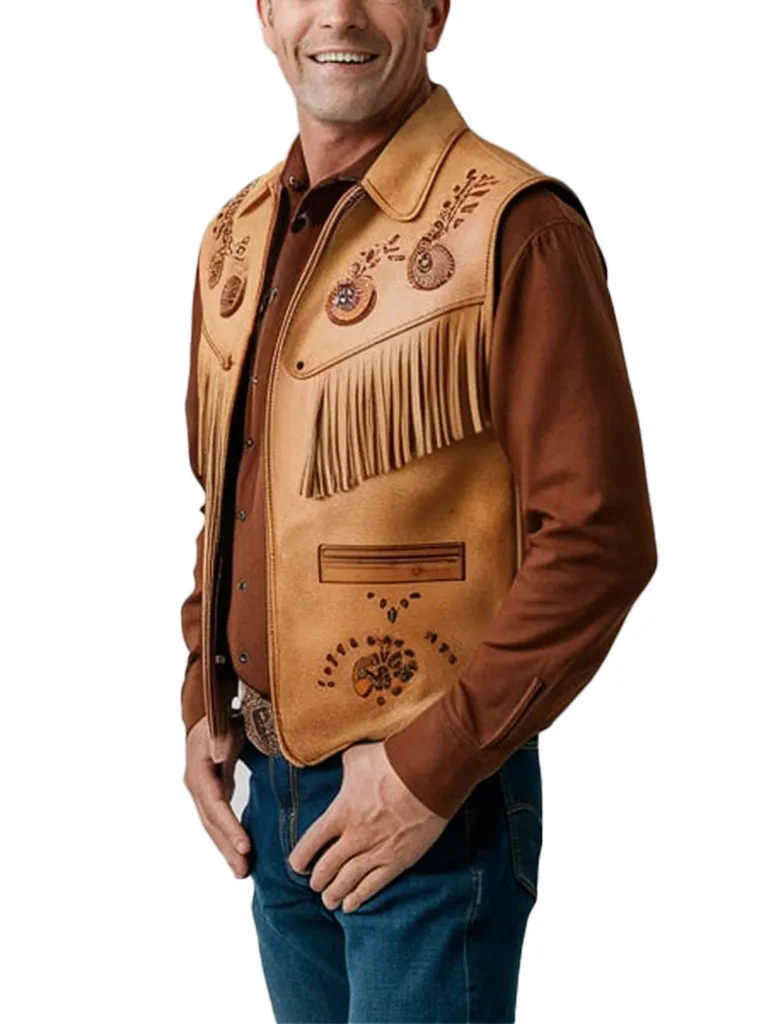 Men's Tan Leather Western Vest with Fringe & Embroidery - Classic Cowboy Style