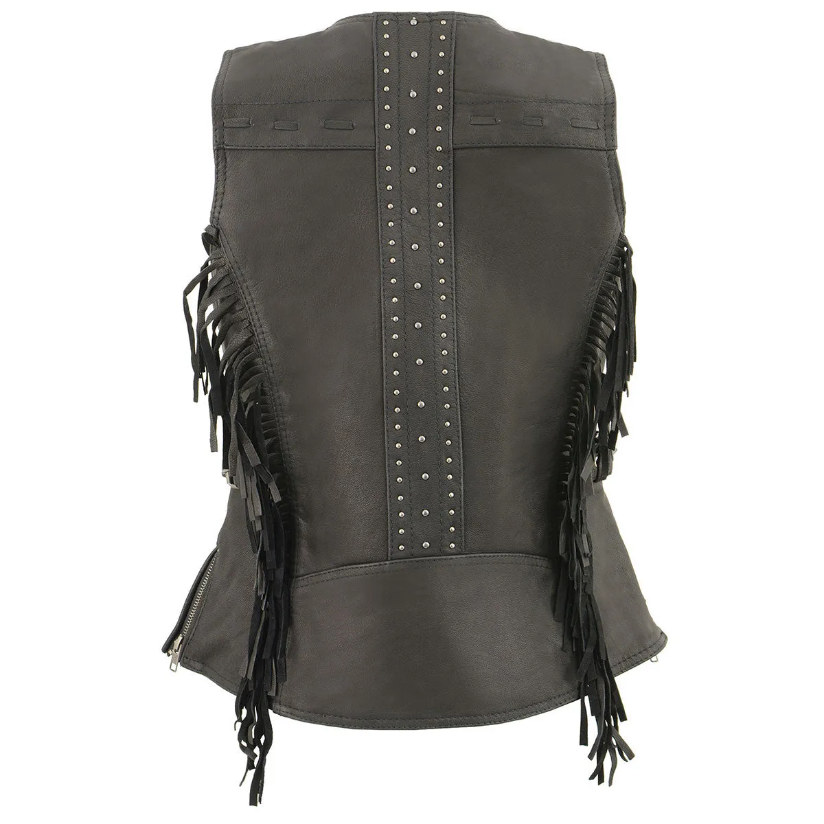 Milwaukee Leather MLL4565 Women's Black Fringed Leather Rivet Detail Side Buckle and Zipper Motorcycle Rider Vest