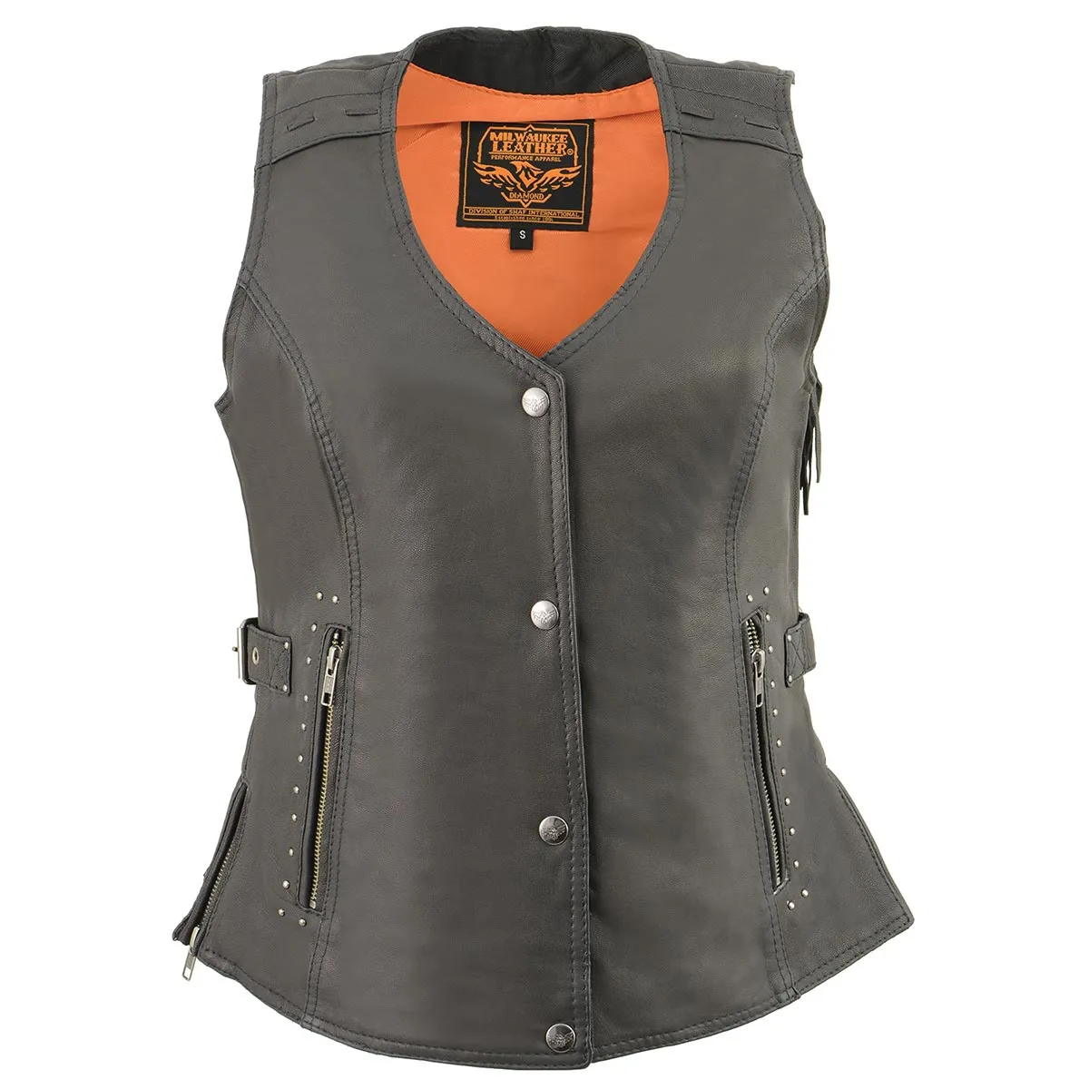 Milwaukee Leather MLL4565 Women's Black Fringed Leather Rivet Detail Side Buckle and Zipper Motorcycle Rider Vest